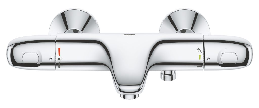 Grohe Grohtherm 1000 New, Badthermostaatkraan, wand, tweegreeps, 2-gats, omstelinrichting, 173mm uitloop, vast, chroom
