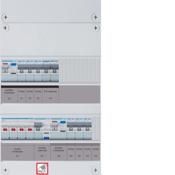 Hager 6-groepenverdeler voor 1- en 3-fase installaties, HS, 2x ALS 63A +PV HACO 16A/300mA +kookgroep, 1/3f