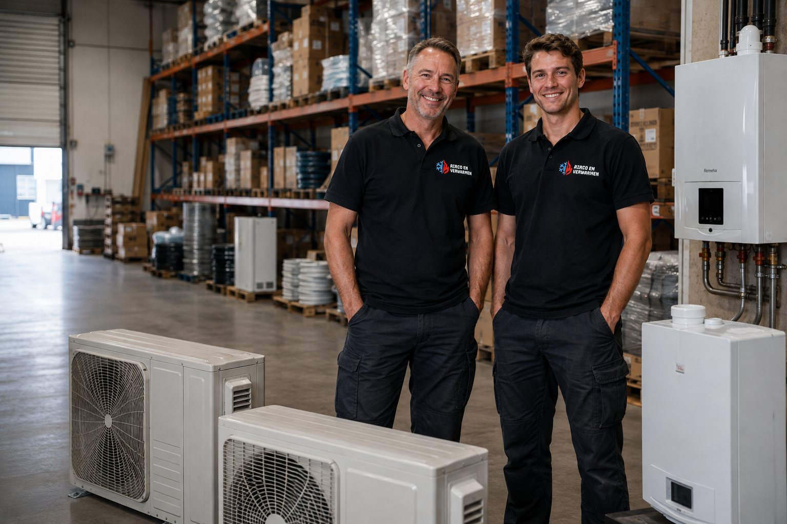Het team van Airco en Verwarmen in het magazijn, met airco-buitenunits en een cv-ketel